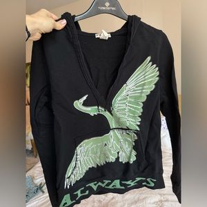 F21 - Black cotton V-neck sweatshirt with green bird - size M
